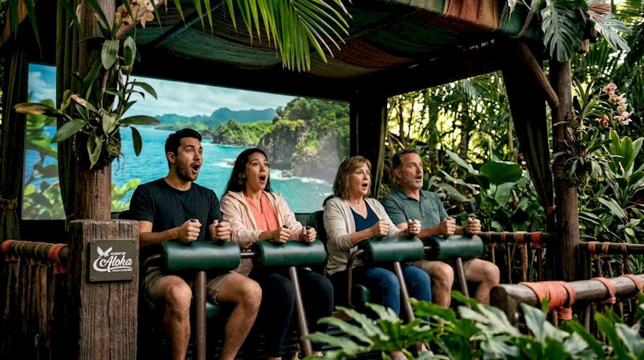 Tourists immersed in multi-sensory ride environment