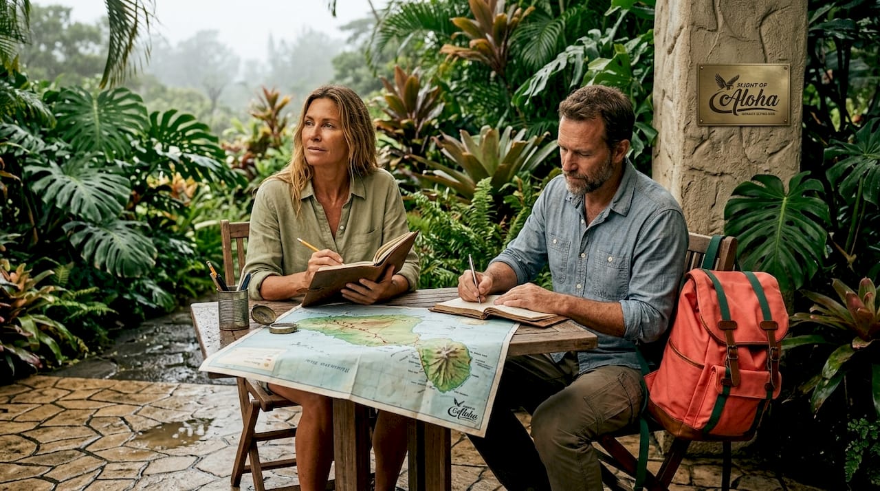 Travelers journaling quietly in village lane