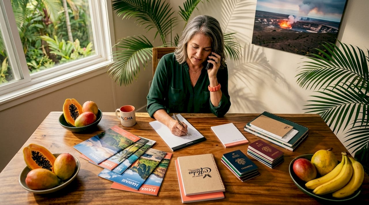 Travel coordinator handling Hawaii group booking details