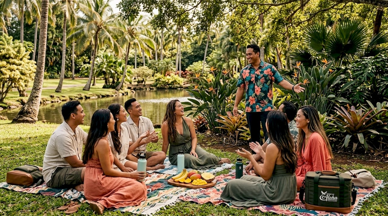 Group seated outdoors with tour director speaking