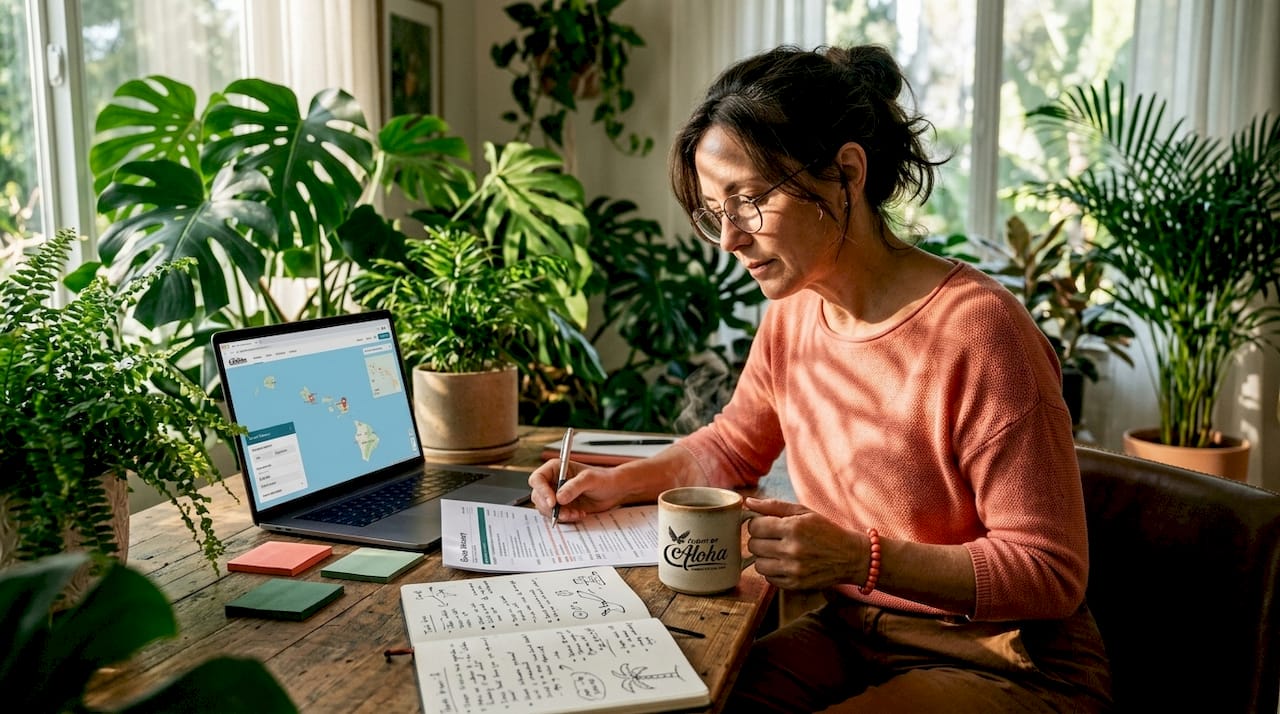Travel planner reviewing group itinerary at desk