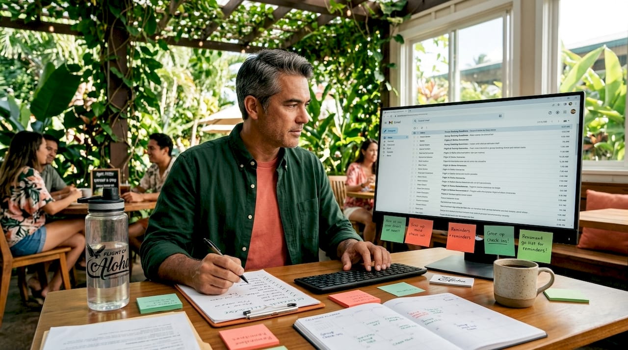 Man managing family group booking checklist