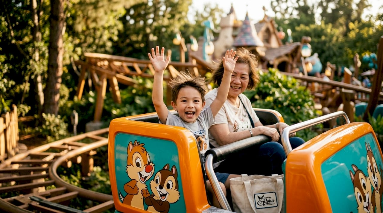 Child and parent enjoying Chip 'n' Dale's coaster ride