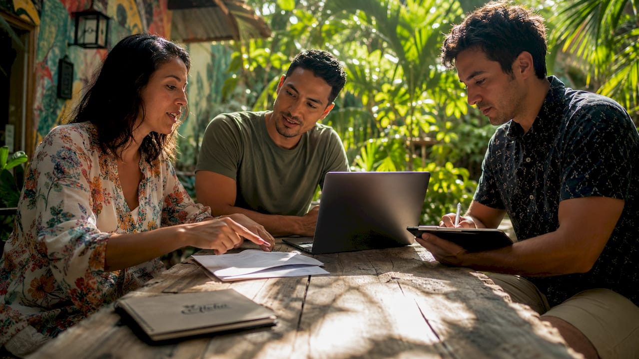 Group collaborating on shared checklist in co-working space
