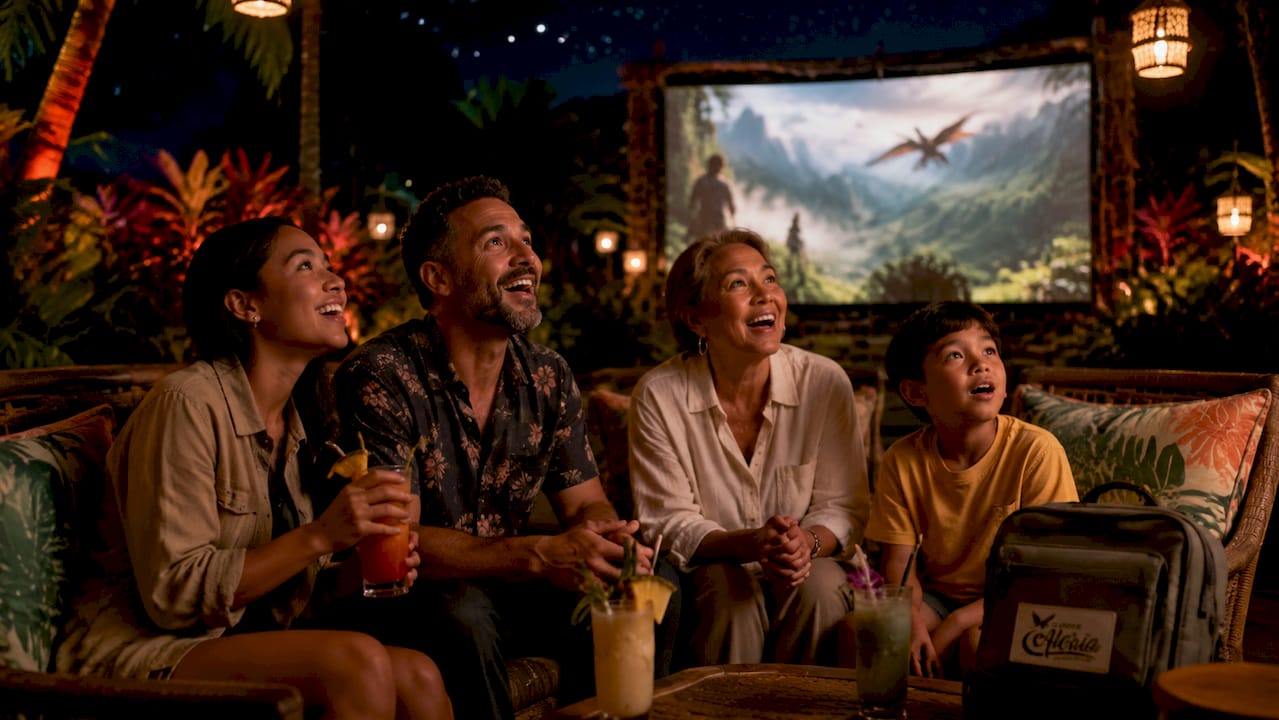 Guests watching narrated ride film in theater