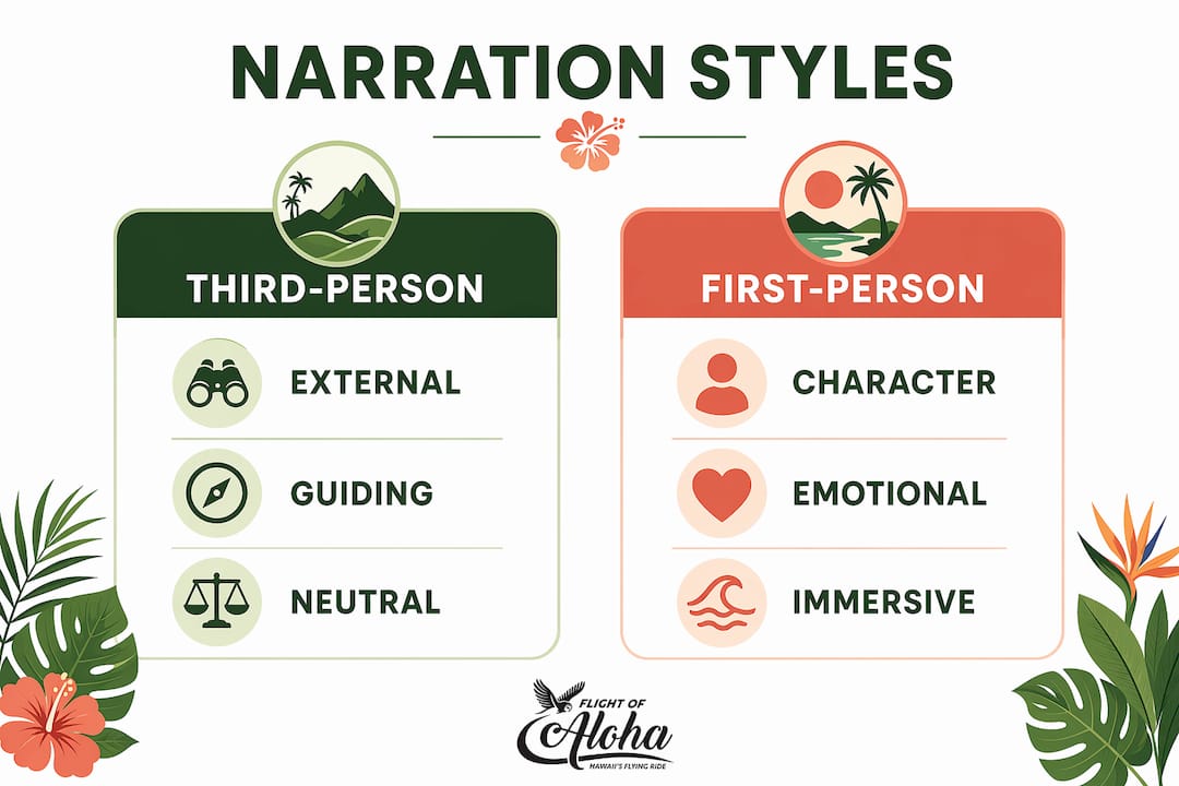 Infographic comparing narration styles in ride films