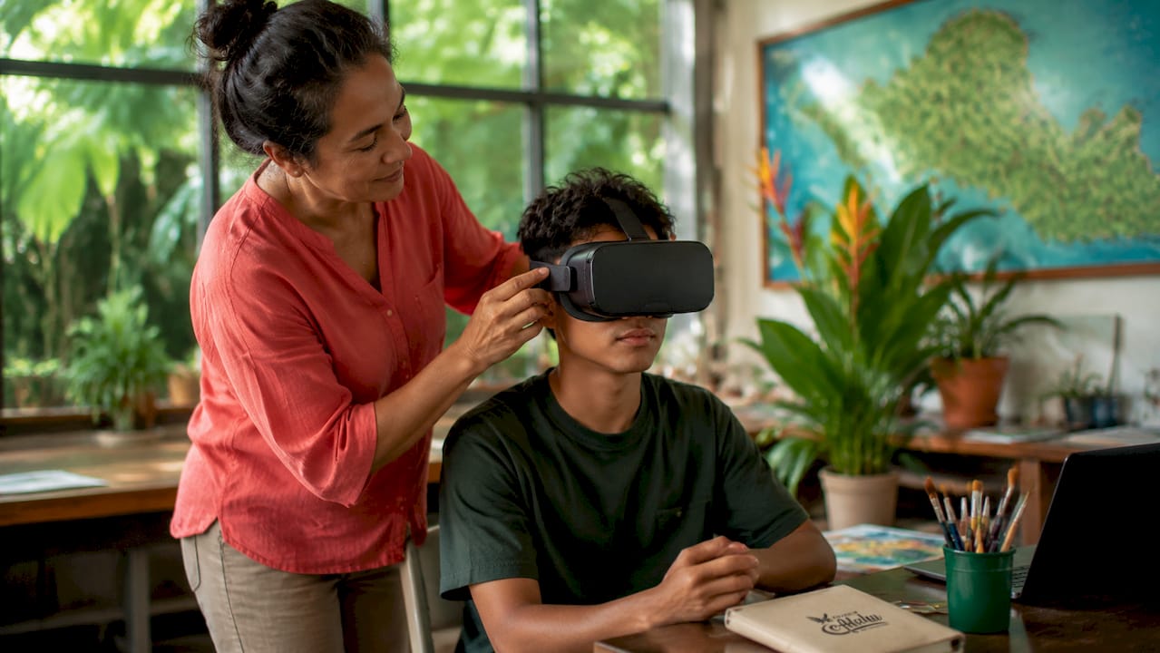 Teacher guiding student with VR headset