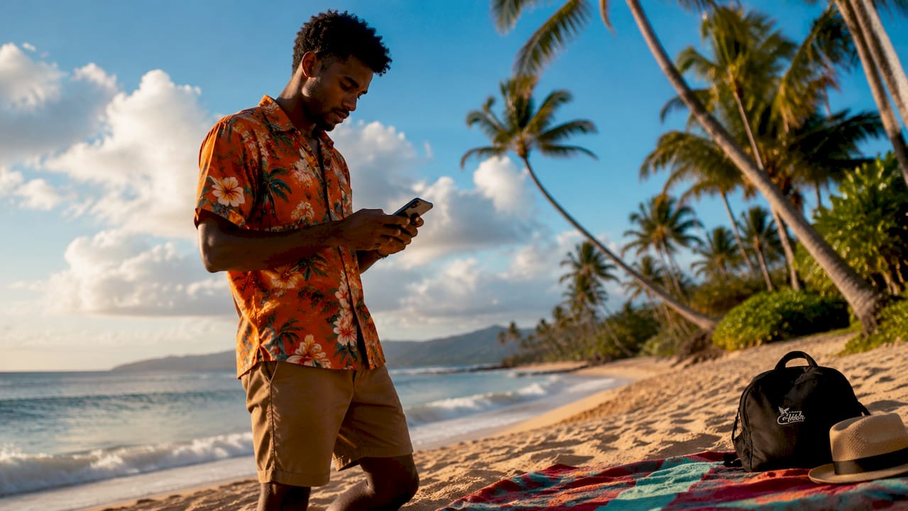 Man booking Hawaiian attraction pass on smartphone outdoors
