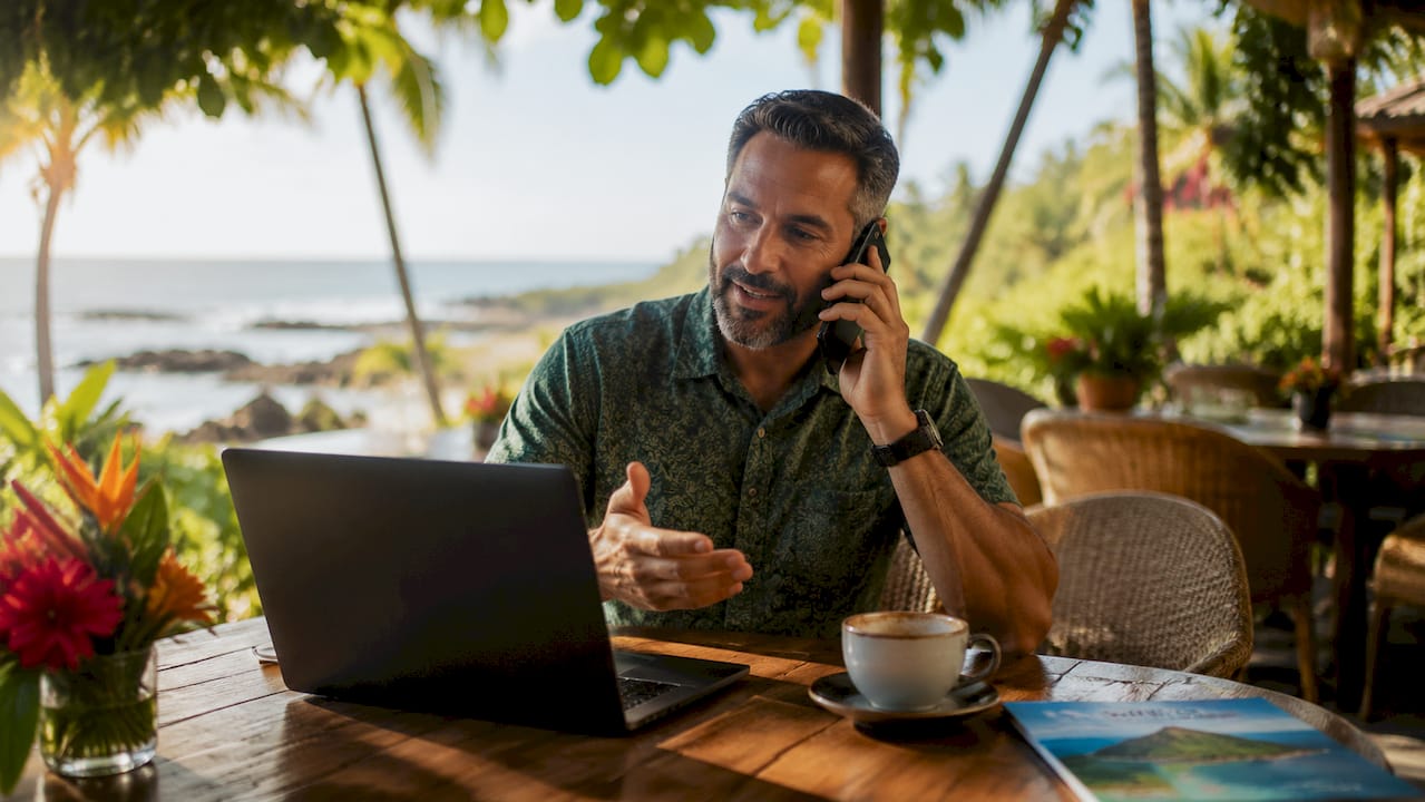 Travel agent managing Hawaii reservations in office