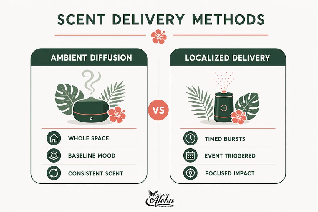 Infographic comparing ambient and localized scent delivery methods in attractions