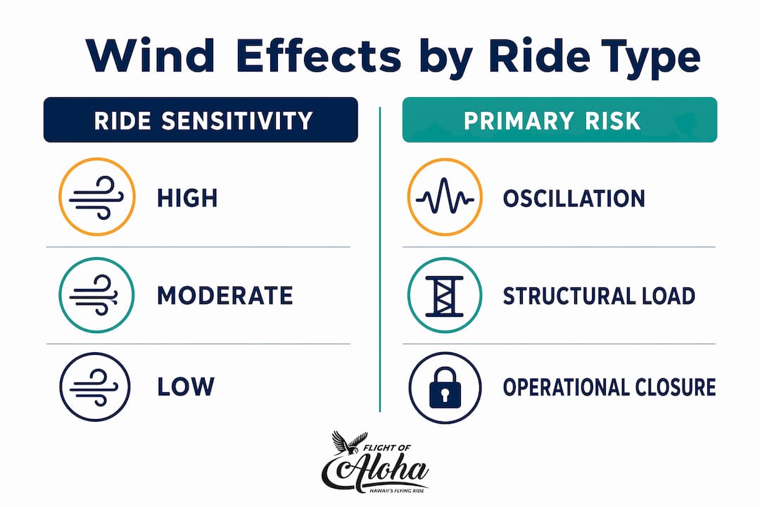 Infographic comparing wind sensitivity and risks by ride type