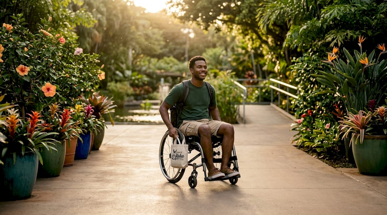 Visitor in wheelchair using accessible museum entrance