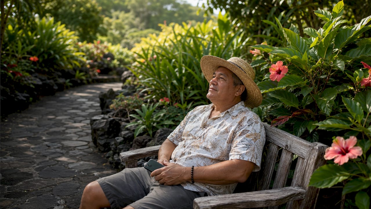Visitor resting at Hawaiian volcanic attraction bench