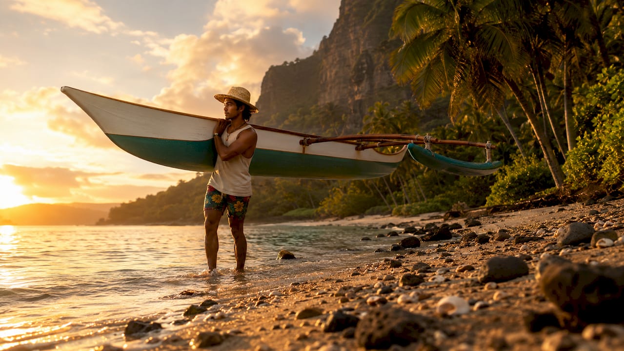 Man preparing outrigger canoe on beach