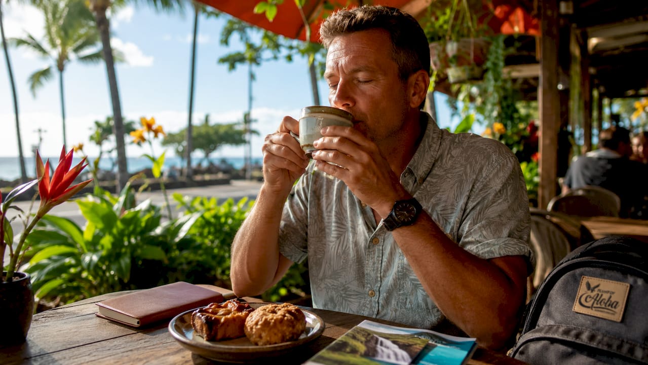 Tourist enjoying Kona coffee tasting at cafe