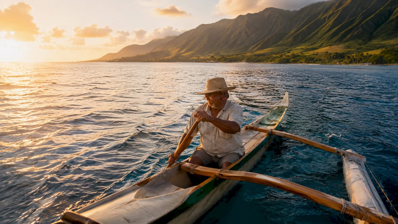 Polynesian man paddling in outrigger canoe