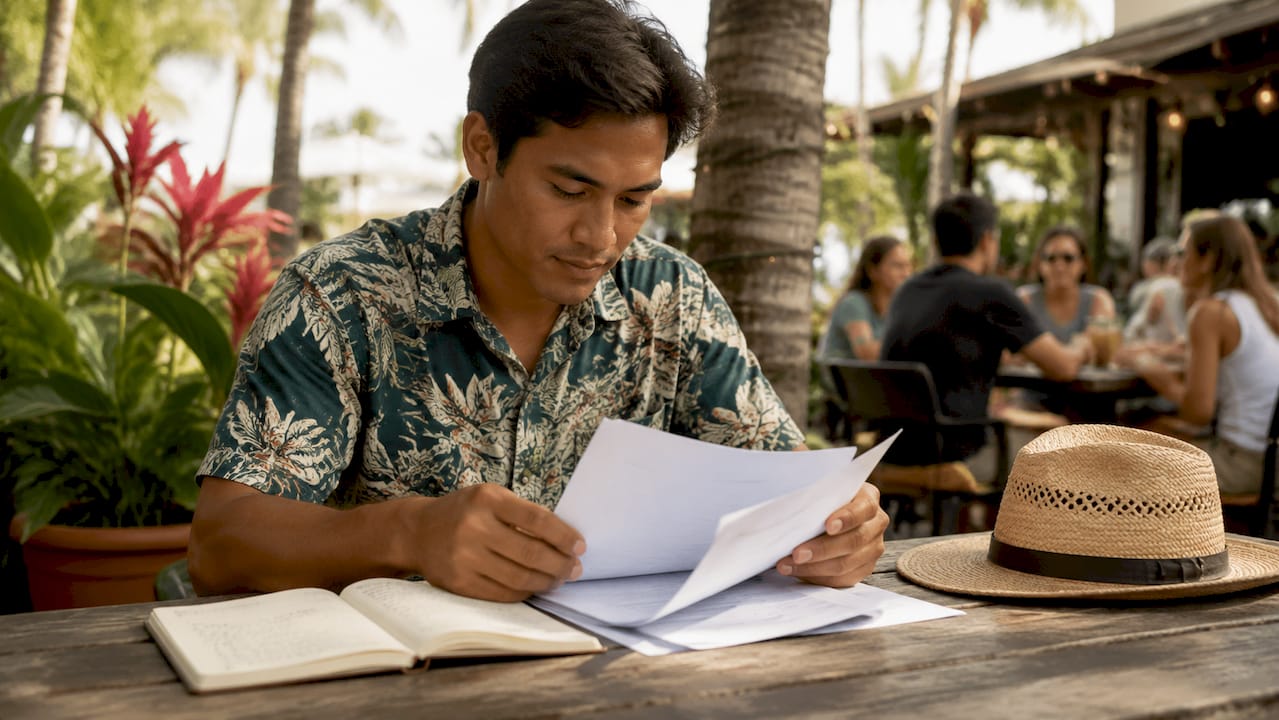 Native Hawaiian man reviewing business documents at desk