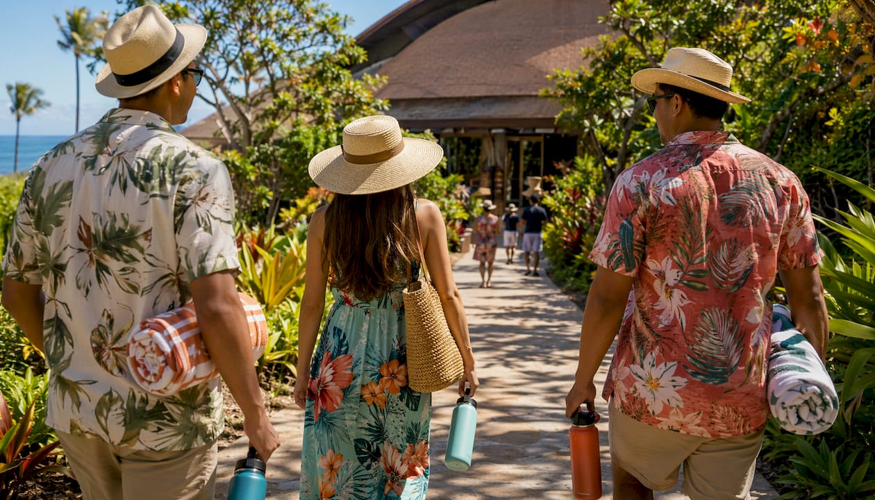 Cruise passengers walking toward air conditioned theater