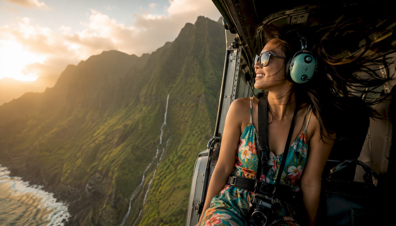 Female helicopter passenger enjoying Na Pali Coast view