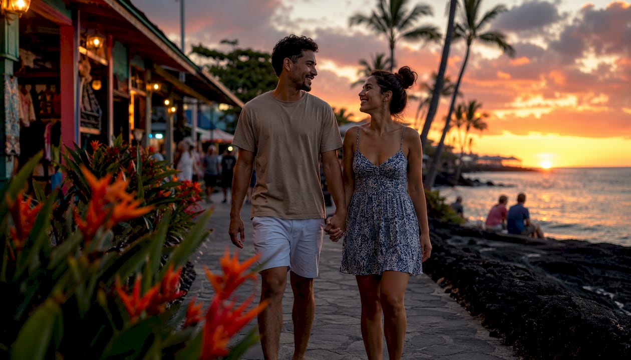 Couple walking along Ali'i Drive shore promenade