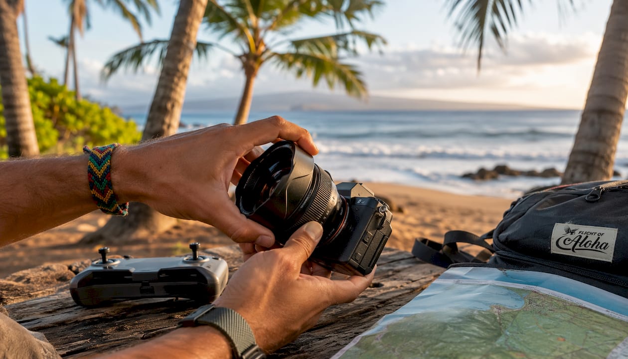 Hands adjusting camera lens with drone controller outdoors