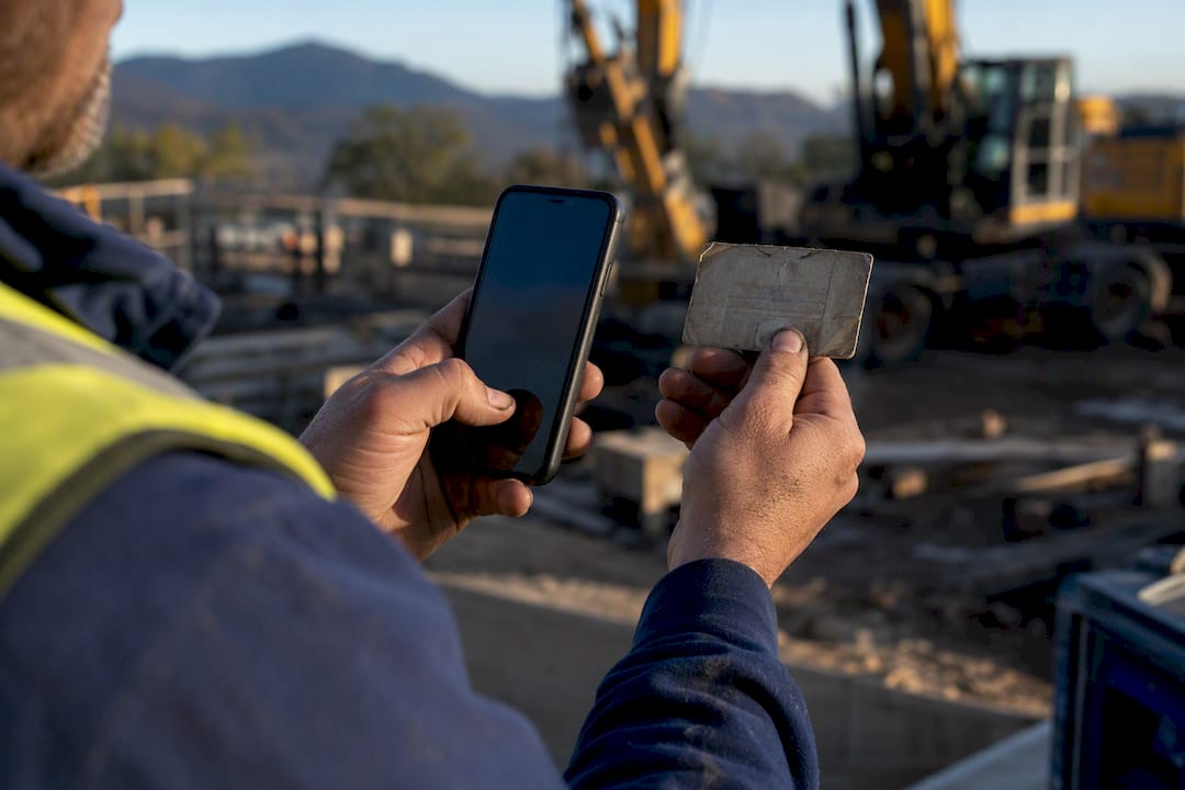 Worker photographing safety licence outdoors