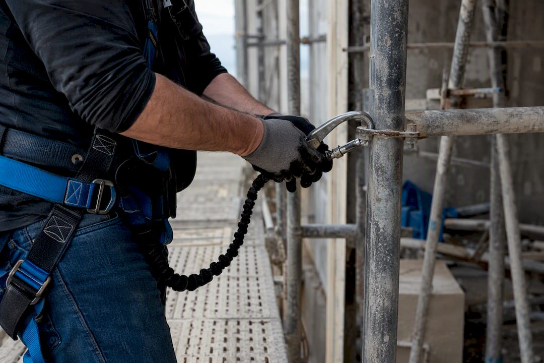 Hands attaching fall arrest harness on scaffold