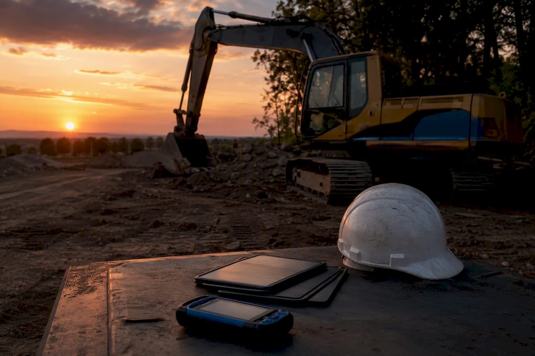 Excavator idle with GPS device on site surface