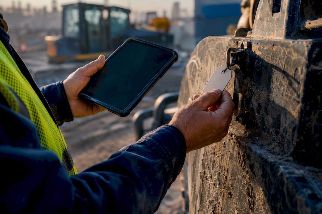Supervisor attaching equipment tag with tablet in hand