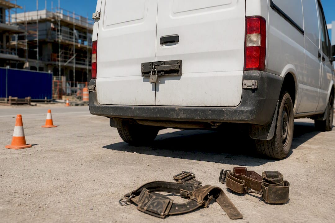 Locked doors of construction van in yard