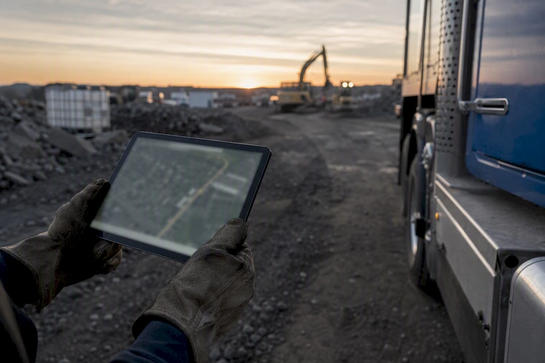 Construction truck near GPS equipment with tablet