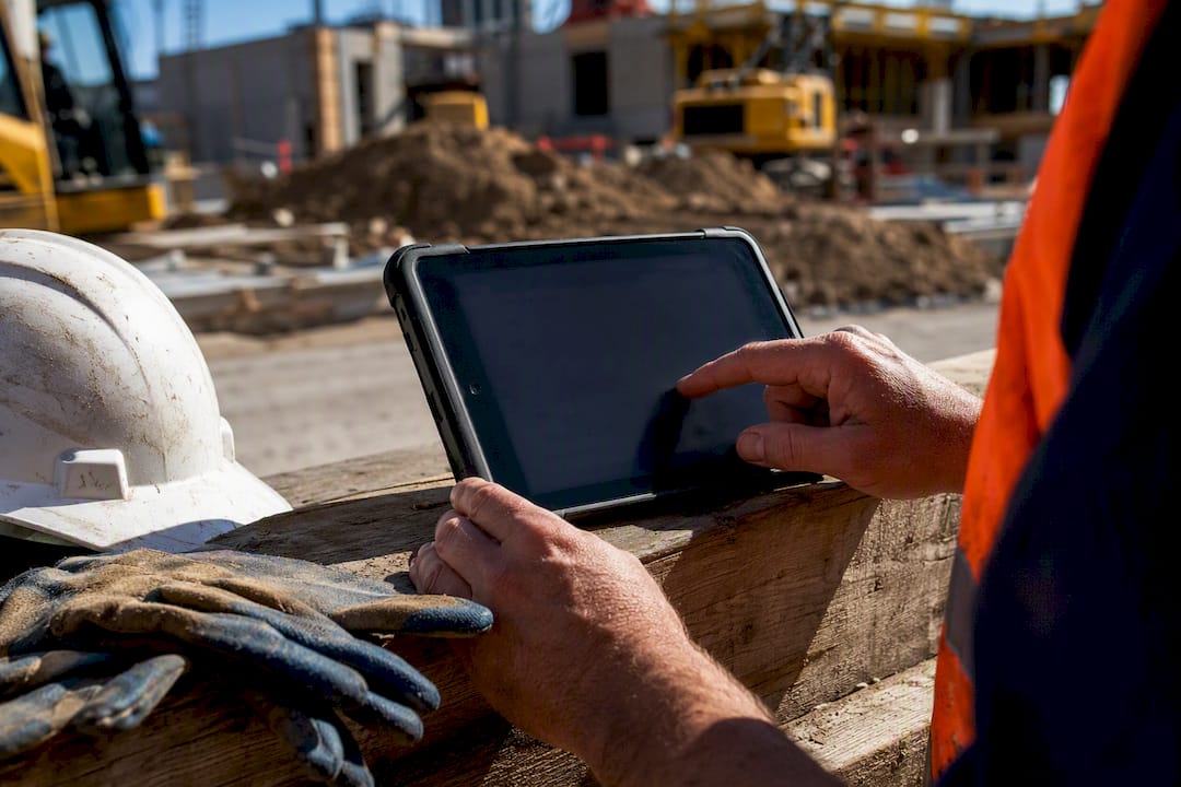 Hands using tablet outdoors at construction site