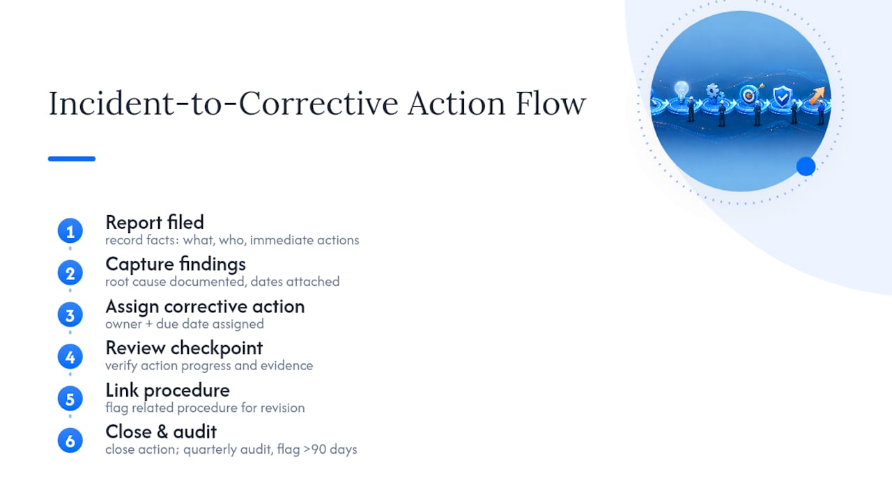 Workflow diagram for incident documentation and corrective actions