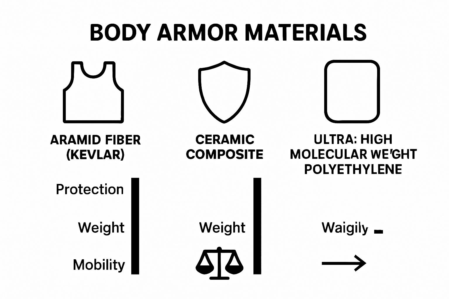 Comparative infographic showing three main body armor material types by protection, weight, and mobility.
