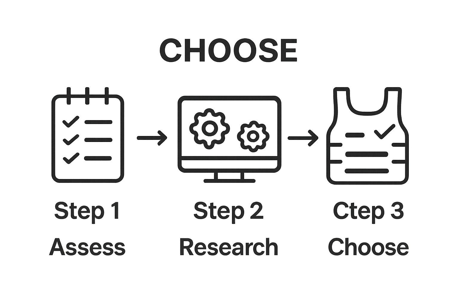 Step-by-step tactical gear selection with icons for assess, research, and choose.
