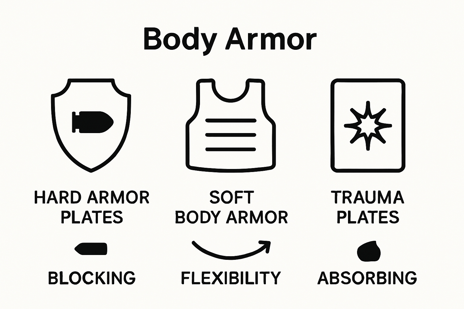 Visual comparison of hard armor plates, soft body armor, and trauma plates