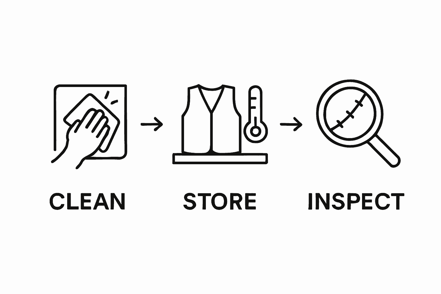 Clean, store, inspect bulletproof vest workflow infographic
