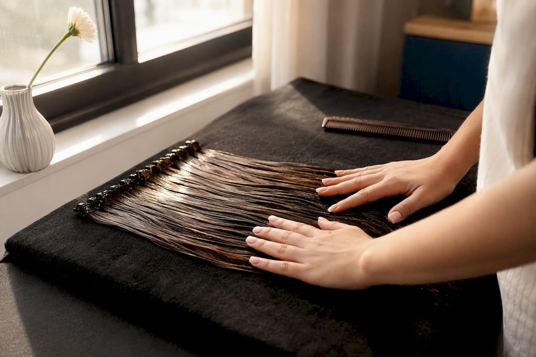 Hands patting hair extensions dry on towel