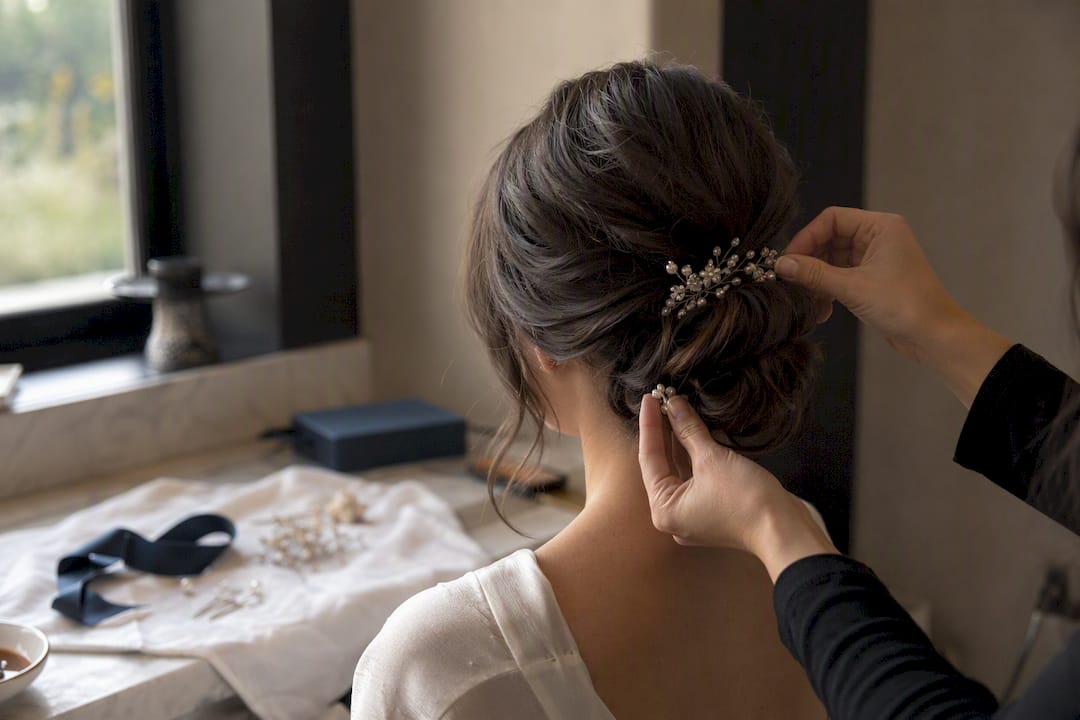 Close-up of bridal hair styling trial updo