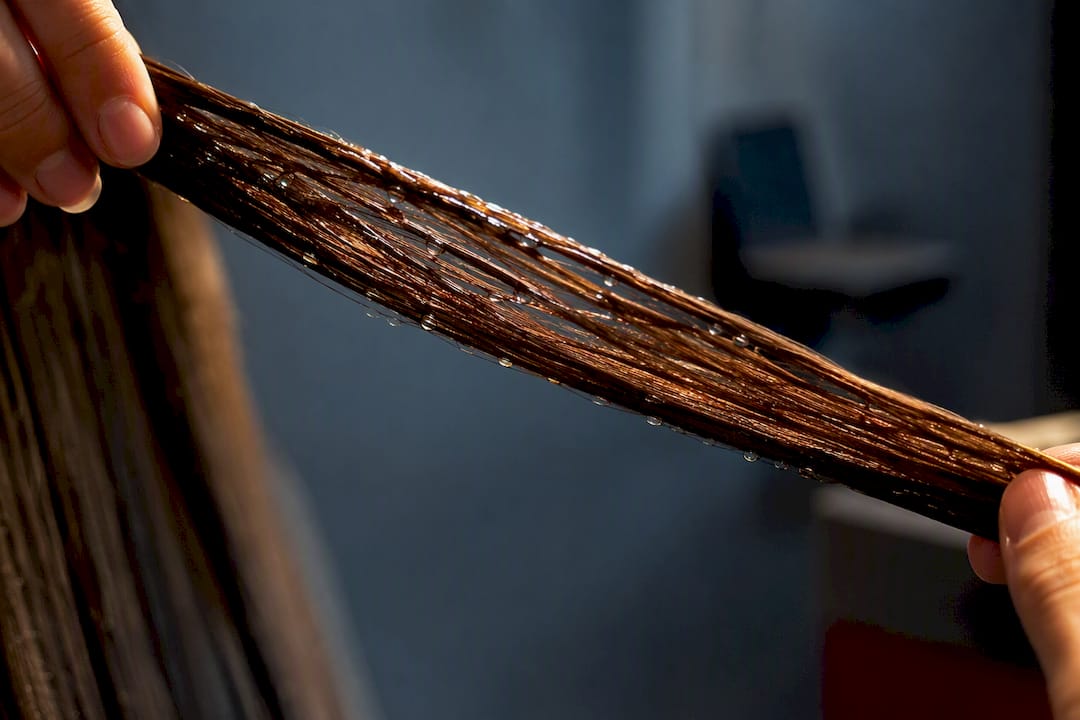 Close-up of hair cuticle with water droplets