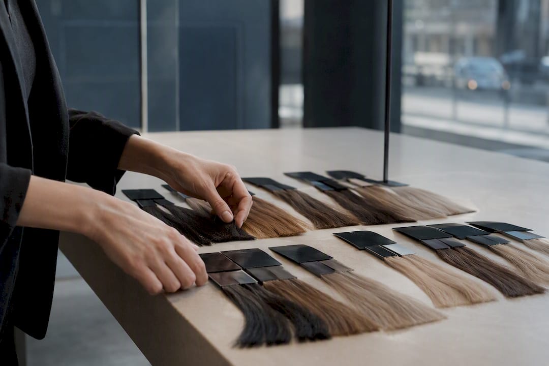 Stylist hands arranging hair colour swatches