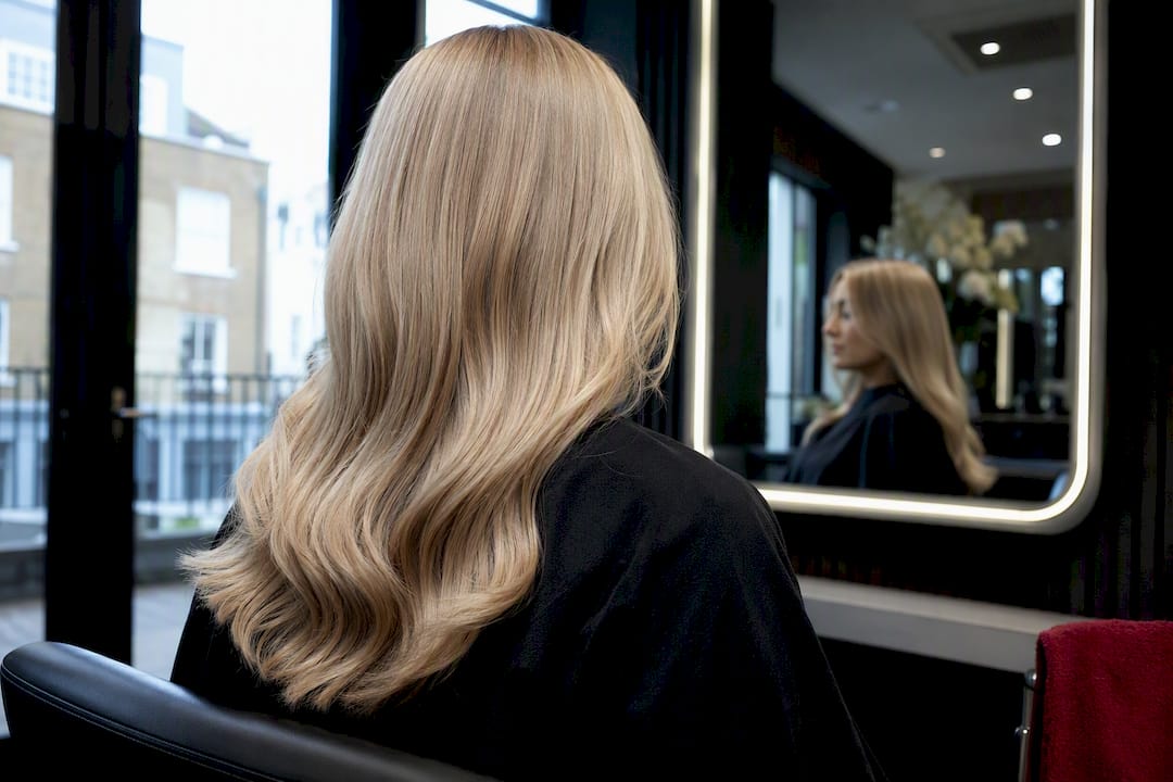 Glossy toned blonde hair in salon light