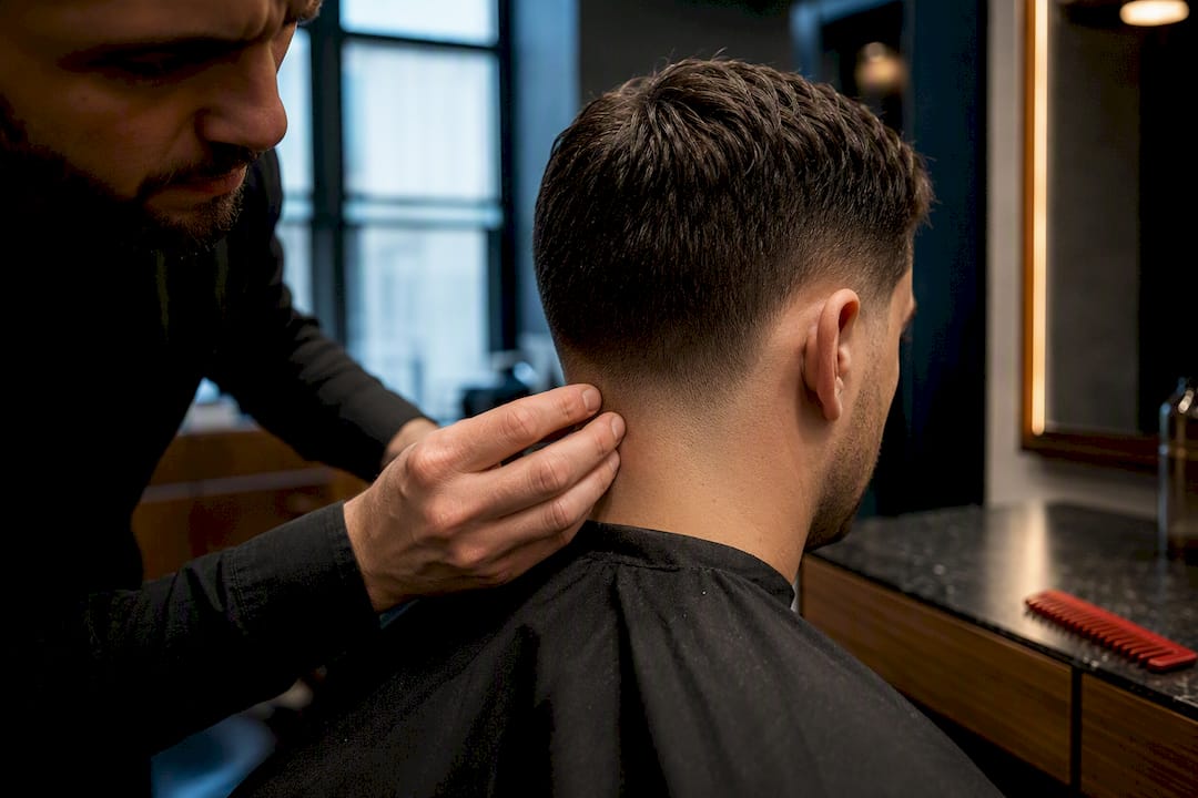 Barber inspecting a men's taper haircut