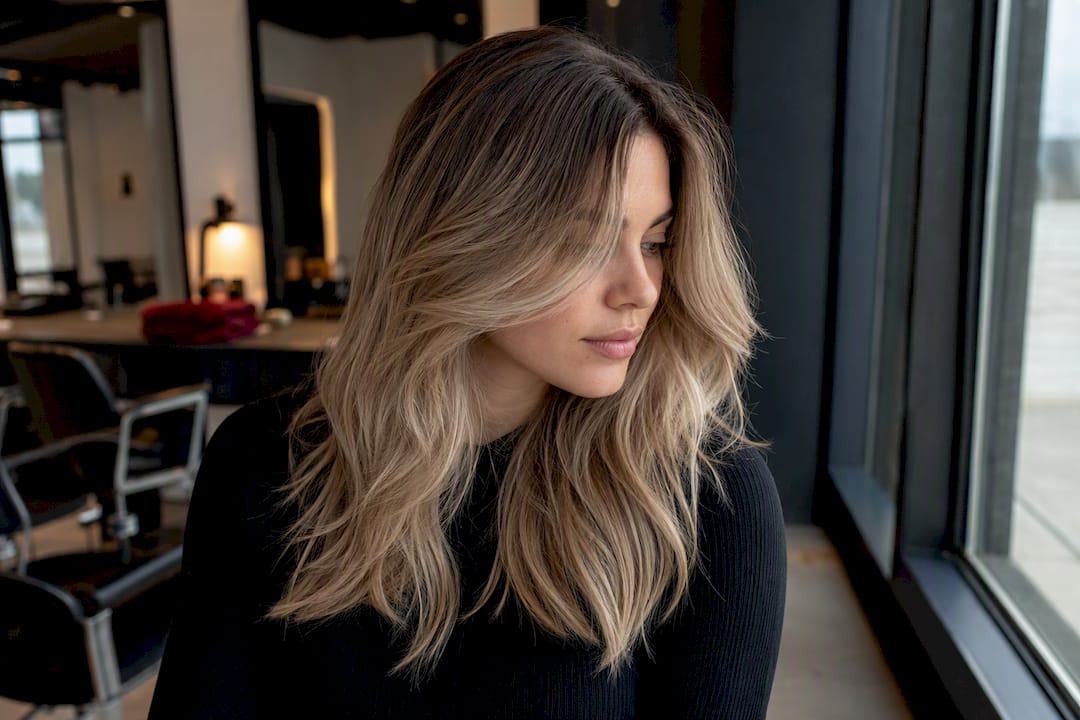 Blended root-smudged color on layered hair