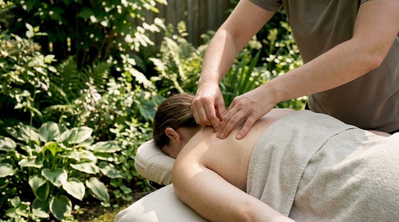 Hands pressing trigger point on upper back
