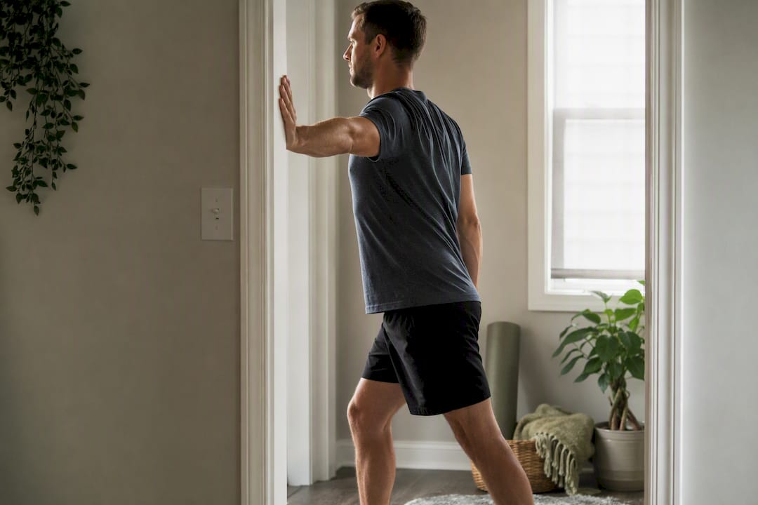 Person performing chest stretch in doorway