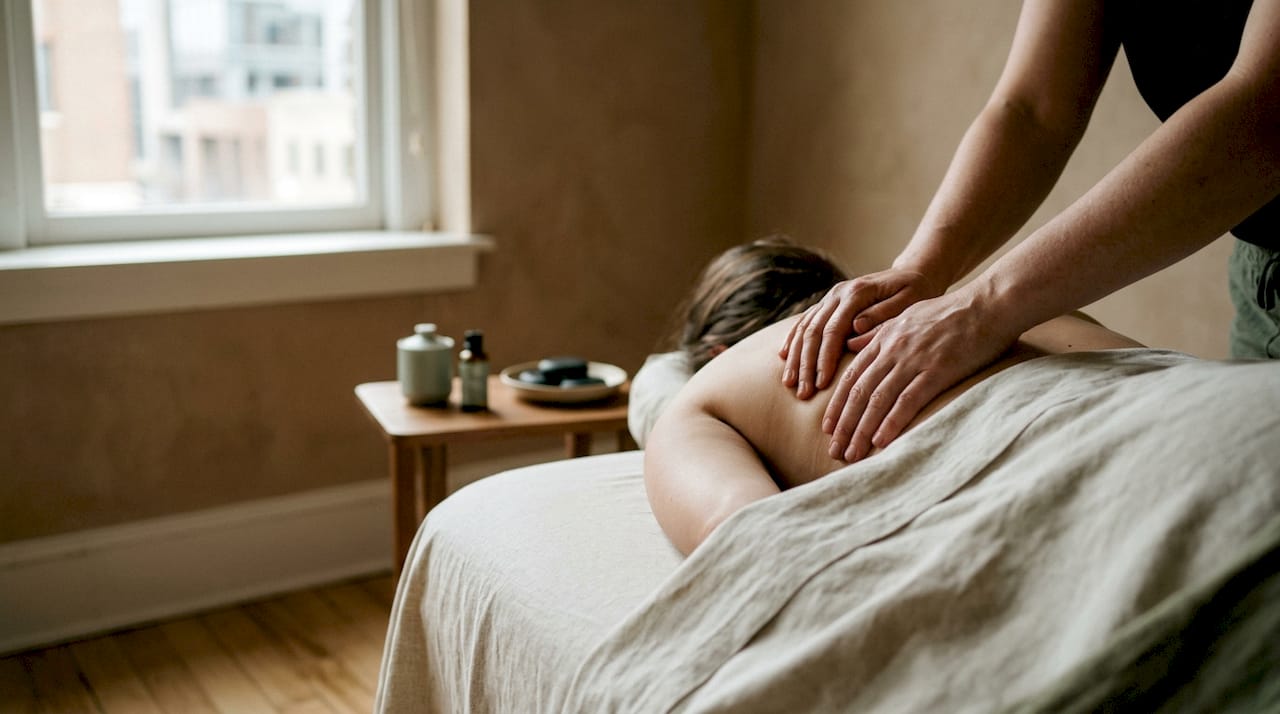 Therapist hands massaging upper back muscles