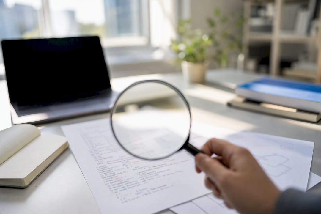 Arbeitsbereich, in dem mit einer Lupe Programmcode genauer unter die Lupe genommen wird