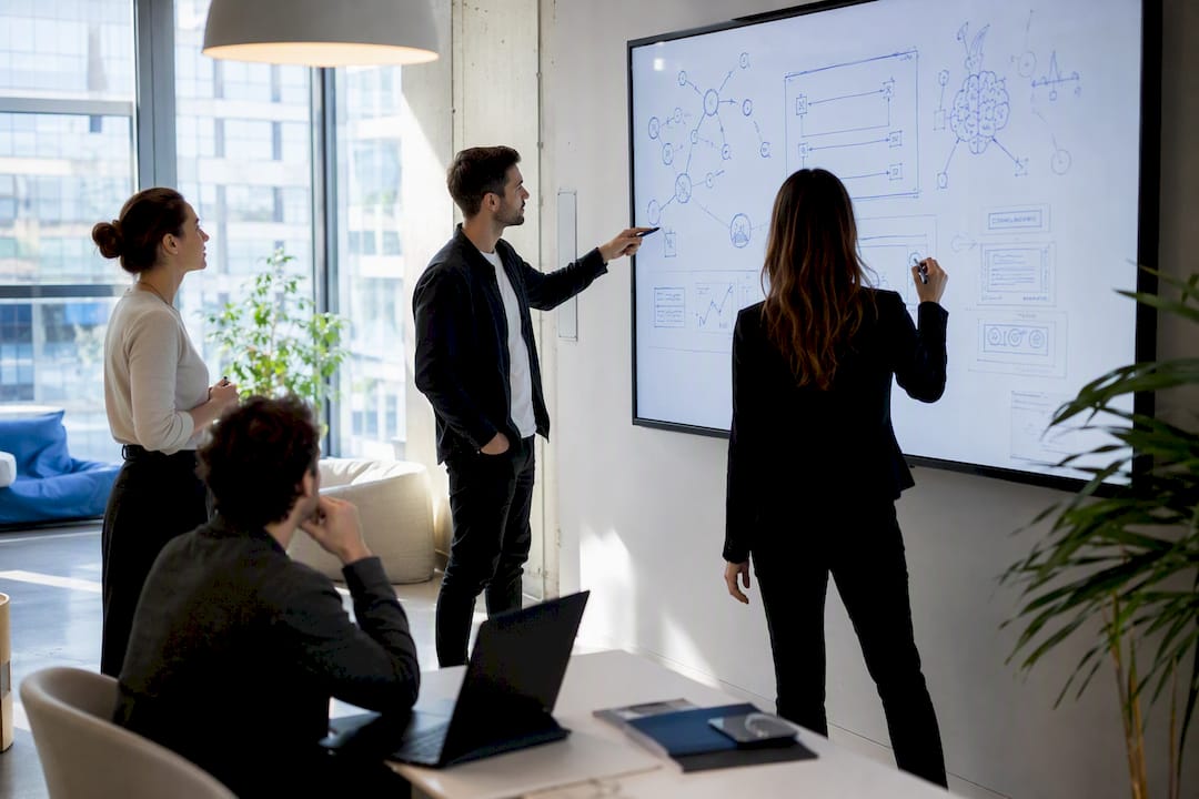 Nahaufnahme eines Schemas zur KI-Content-Strategie auf einem digitalen Whiteboard