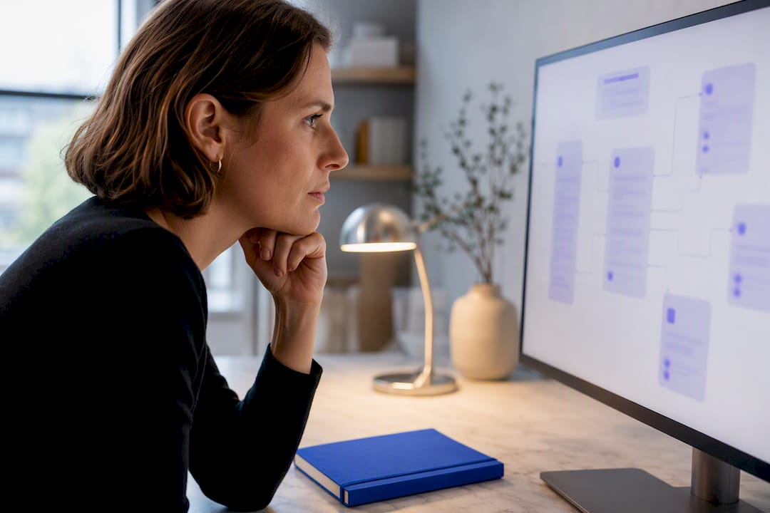 Content-Strategin sieht sich die KI-Sichtbarkeit am Monitor an